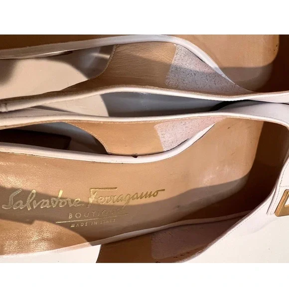 Salvatore Ferragamo White Leather Slingback Heels Gold Buckle Women's Size 9.5 B - Picture 9 of 15
